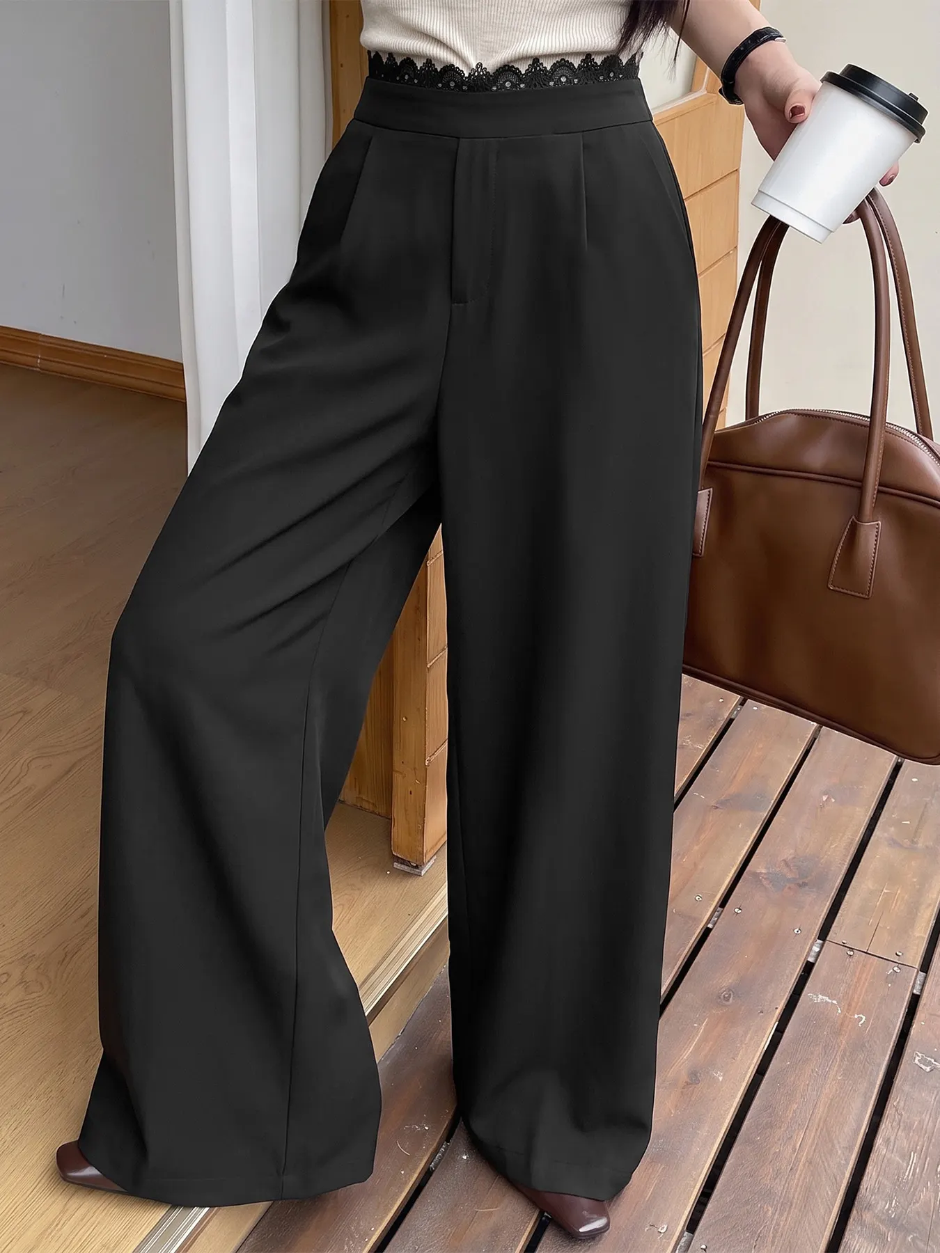 High-Waisted Wide-Leg Lace-Trimmed Pants